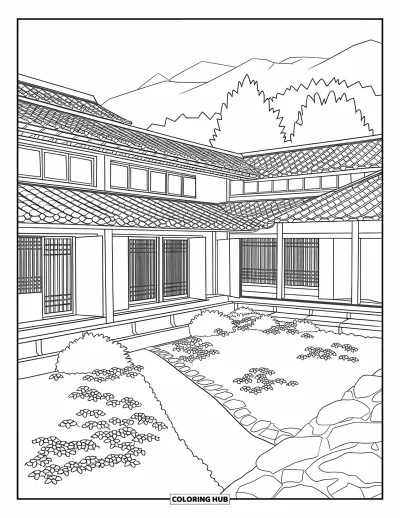 Coloriage de bâtiment pour adultes : Un ryokan à plusieurs niveaux avec des portes coulissantes, un chemin de pierres et des montagnes en arrière-plan