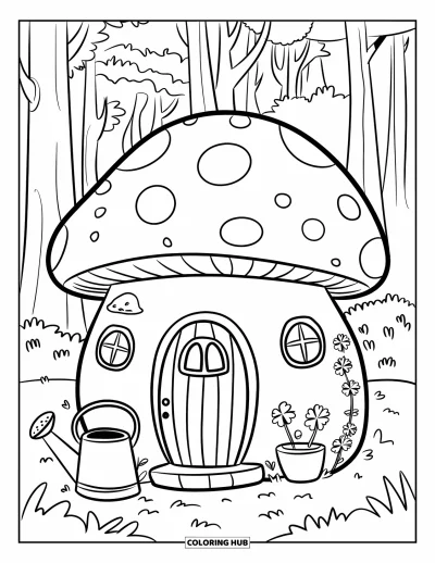 Coloriage de bâtiment pour adultes : Une maison-champignon avec une porte arrondie, de doux trèfles et un arrosoir près des marches