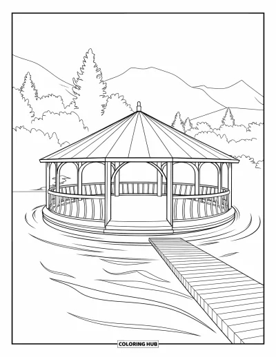 Coloriage de bâtiment pour adultes : Un pavillon avec des allées ouvertes et un ponton en bois sur un lac entouré d'arbres et de montagnes
