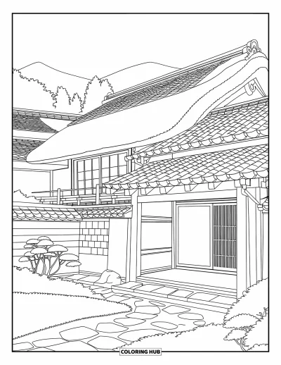 Coloriage de bâtiment pour adultes : Un paisible ryokan japonais avec des portes coulissantes, des toits en tuiles et une cour entourée d'arbres