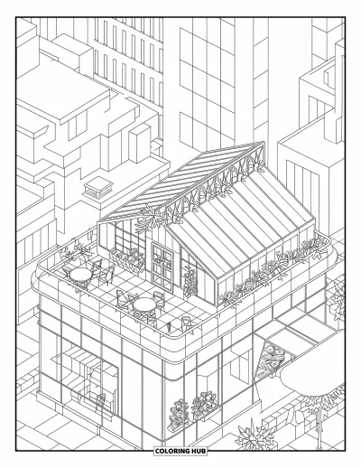 Coloriage de bâtiment pour adultes : Un café en terrasse avec des plantes, des tables et des verrières au-dessus d'un centre commercial moderne