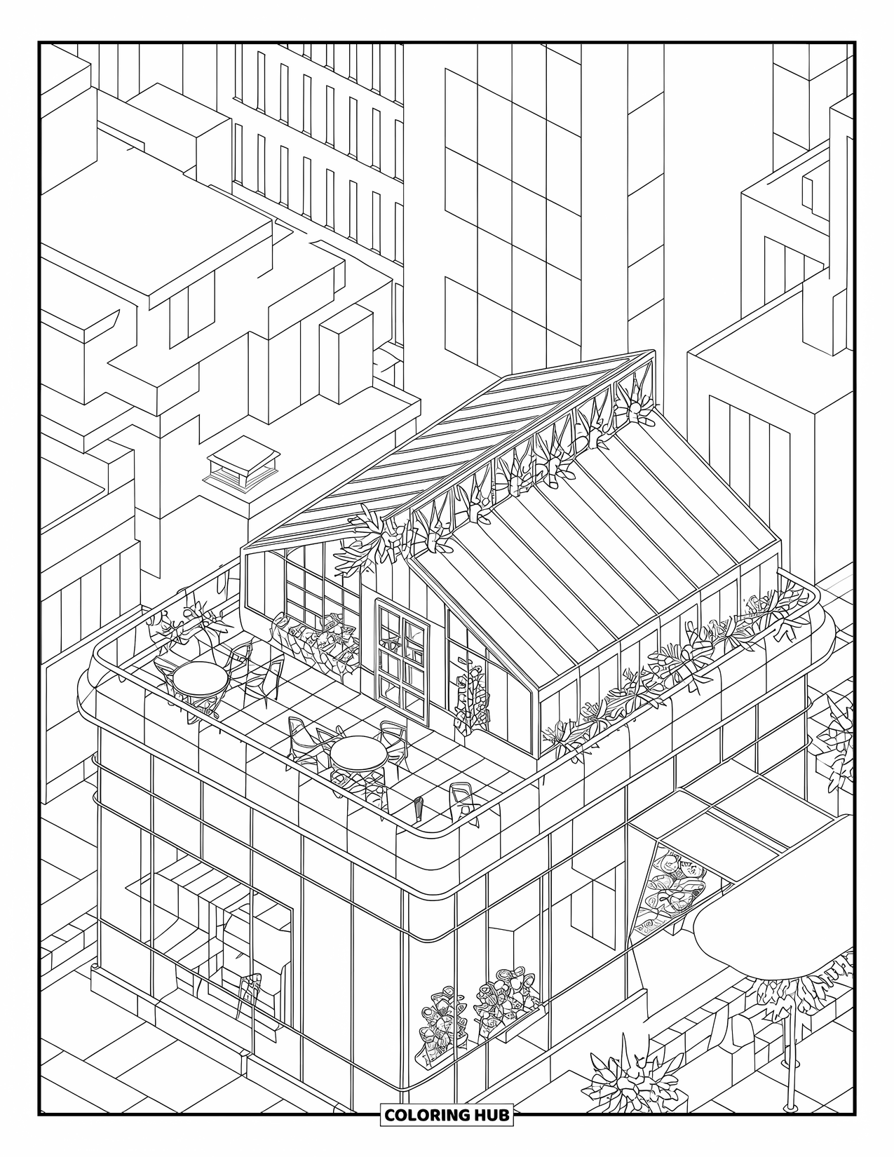 Building Coloring Page for Adults: A rooftop café with plants, tables, and glass panels above a modern shopping center