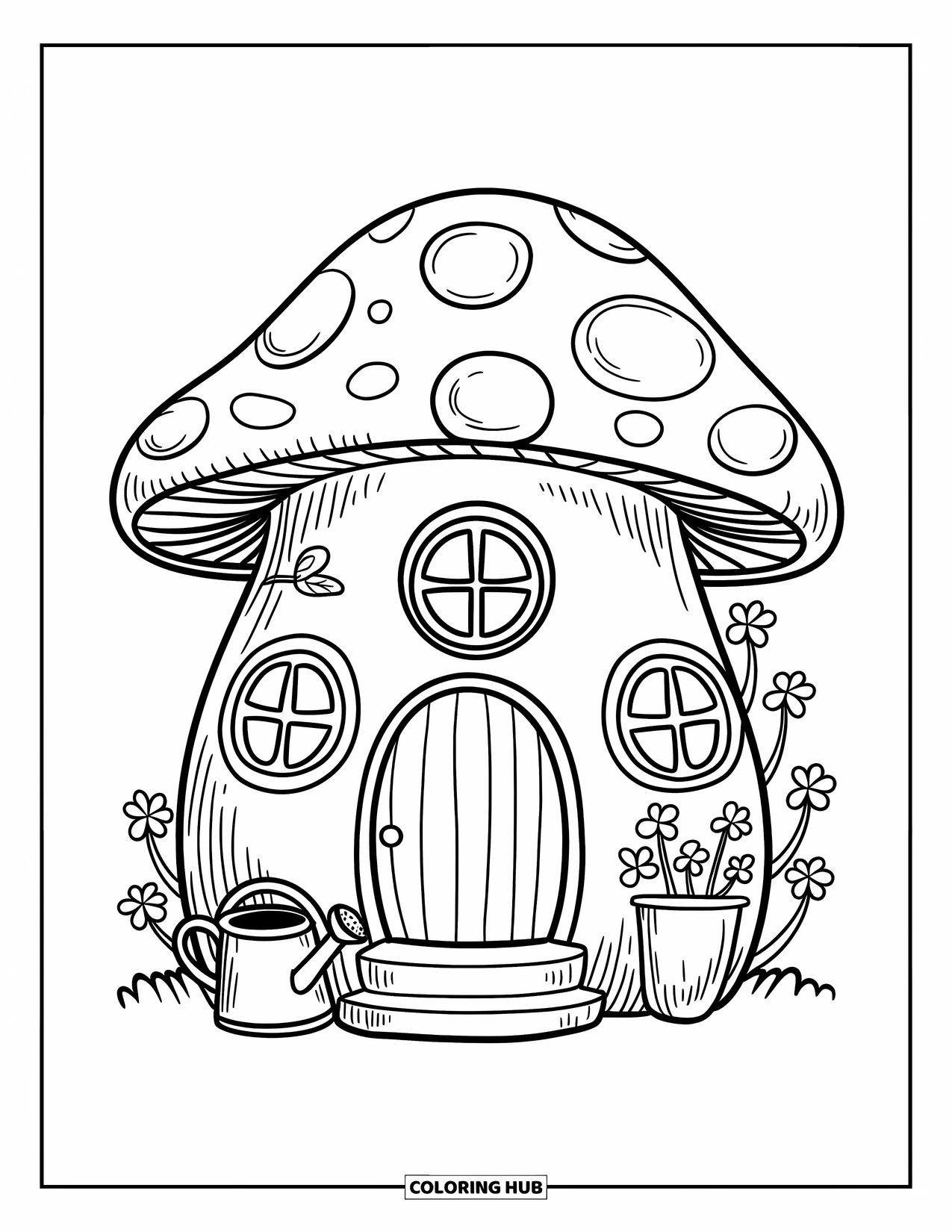 Building Coloring Page for Adults: A round mushroom house with three windows, clovers, and a watering can beside potted plants