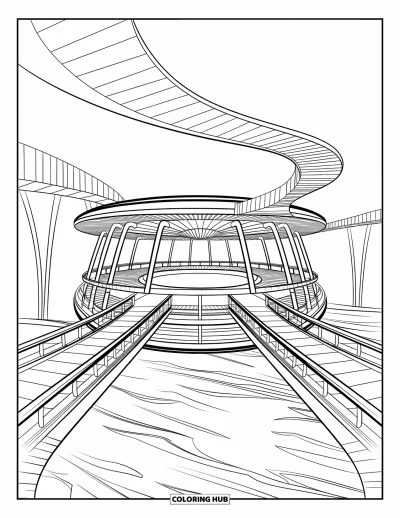 Coloriage de bâtiment pour adultes : Un pavillon arrondi avec des piliers courbés et des passerelles flottant au-dessus d'une eau tranquille