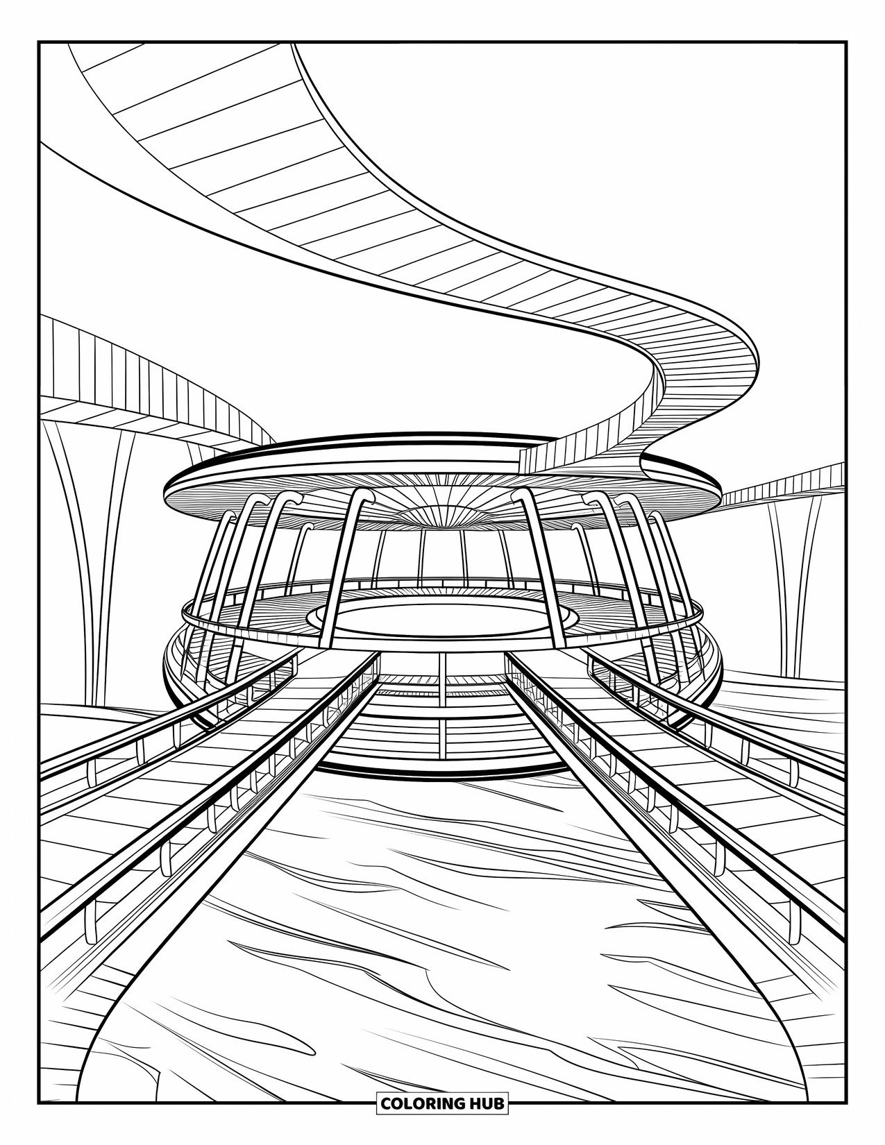 Building Coloring Page for Adults: A round pavilion with curved pillars and walkways, floating above gently flowing water