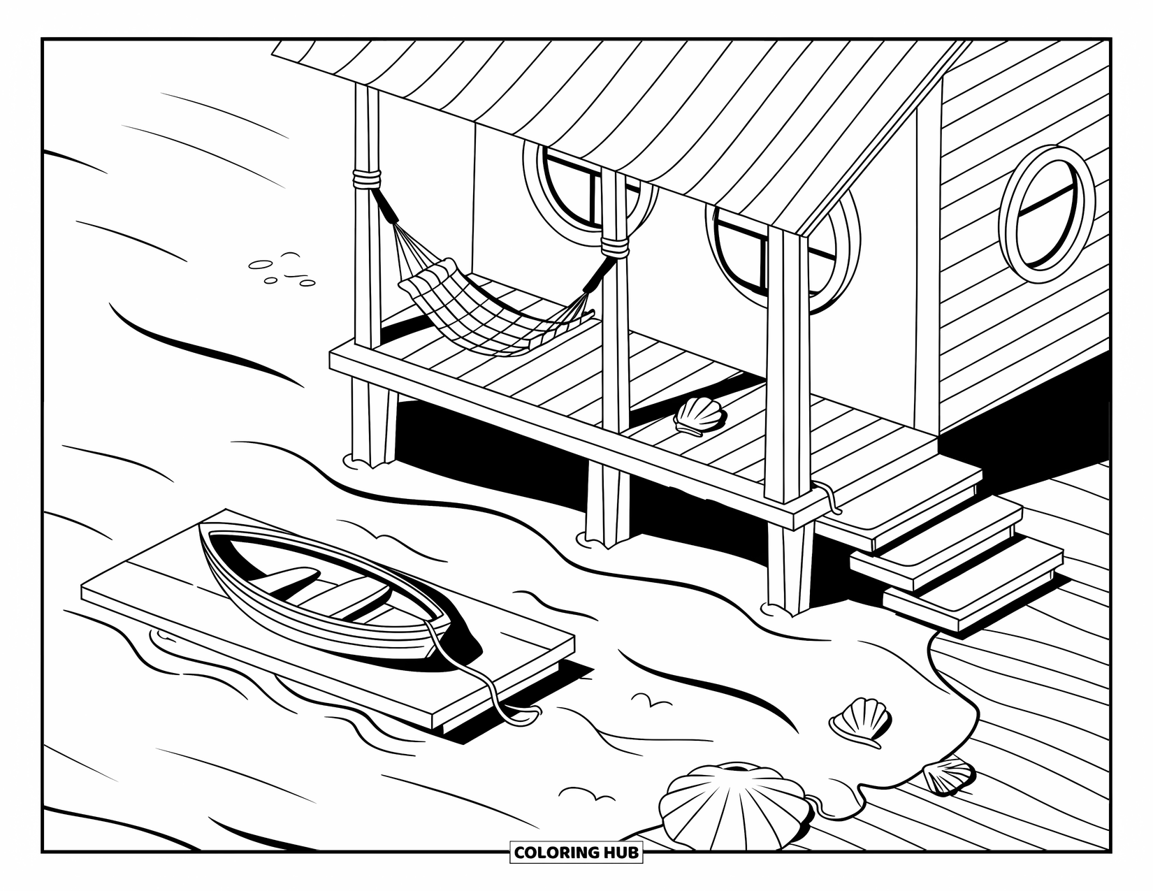 Building Coloring Page for Adults: A seaside hut on stilts with a hammock, rowboat, and scattered seashells near the stairs