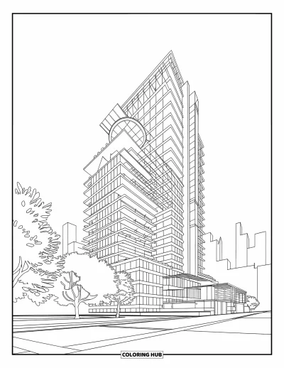 Coloriage de bâtiment pour adultes : Une tour moderne et élancée avec des terrasses contemporaines, des arbres et une skyline lointaine
