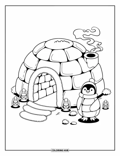 Coloriage de bâtiment pour adultes : Un igloo douillet avec une cheminée, des lanternes et un pingouin confortable dehors