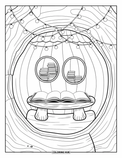 Coloriage de bâtiment pour adultes : Une bibliothèque douillette nichée dans un tronc d'arbre avec des lumières douces et des piles de livres chaleureux