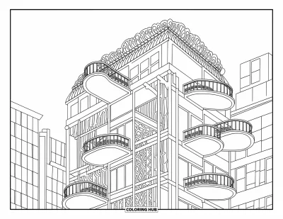 Coloriage de bâtiment pour adultes : Un bâtiment élégant avec des balcons rotatifs et un toit végétalisé dans un cadre urbain contemporain