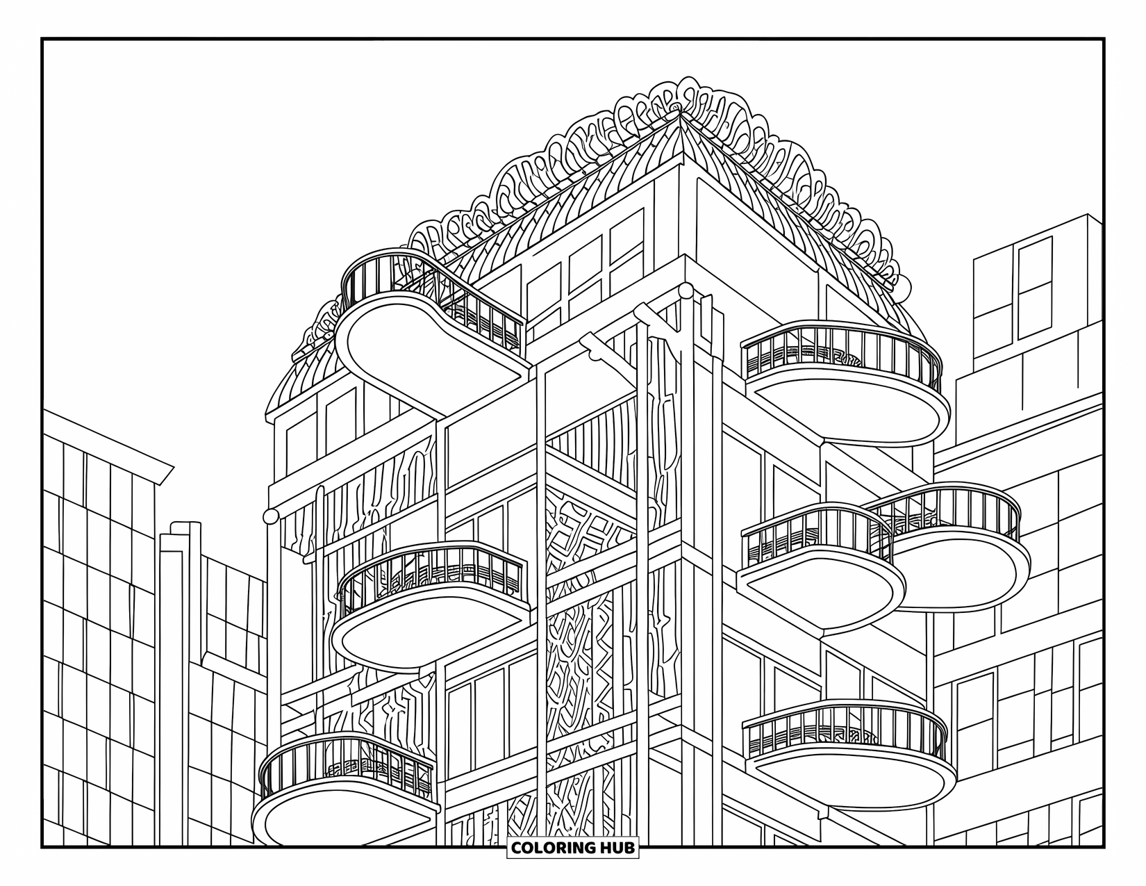 Building Coloring Page for Adults: A stylish building with rotating balconies and a green roof in a modern city setting