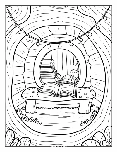 Coloriage de bâtiment pour adultes : Un petit coin bibliothèque dans un tronc d'arbre avec des guirlandes lumineuses et des livres sur un banc-champignon