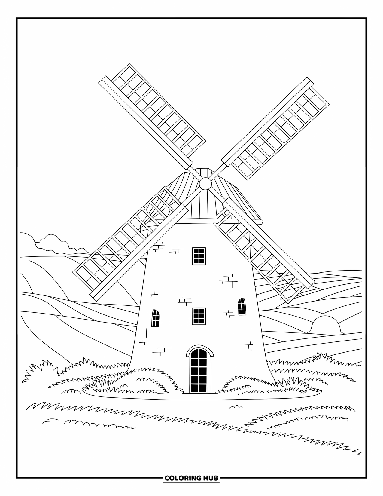 Building Coloring Page for Adults: A windmill cottage with thatched roof nestled in hills under a peaceful countryside sky