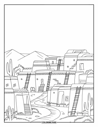 Coloriage de bâtiment pour adultes : Un village en adobe avec des murs artistiques, des échelles et un chemin serpentant dans le désert