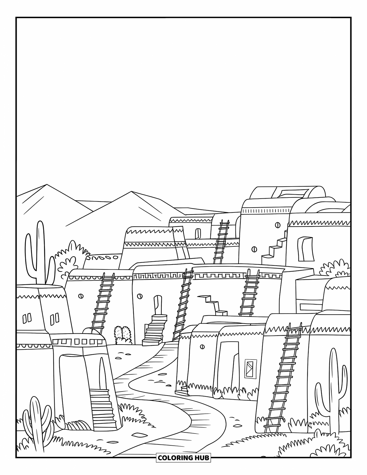 Building Coloring Page for Adults: An adobe village with artistic walls, ladders, and a path winding through the desert