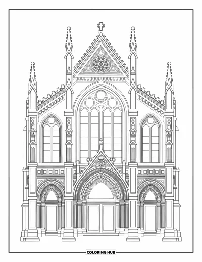 Coloriage de bâtiment pour adultes : Une façade de cathédrale finement ouvragée avec des arches, des motifs et de hautes fenêtres
