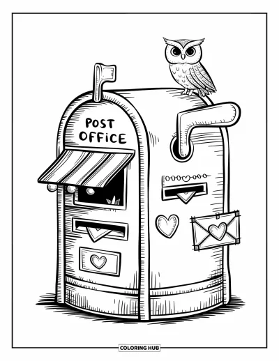 Coloriage de bâtiment pour adultes : Un hibou perché sur un bureau de poste en forme de boîte aux lettres avec des cœurs et un petit auvent