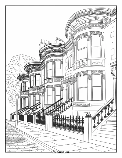 Coloriage de bâtiment pour adultes : De charmantes maisons victoriennes le long d'une rue pavée avec des arbres et un lampadaire