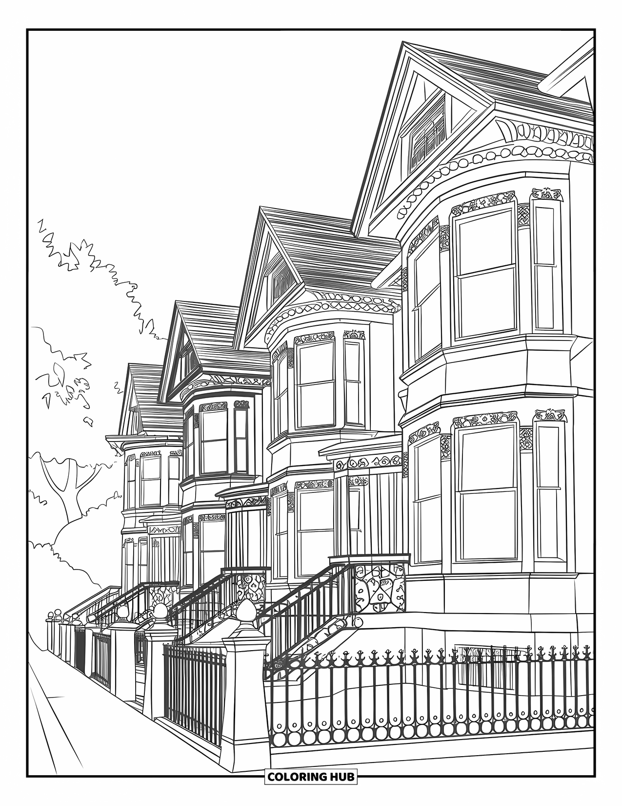 Building Coloring Page for Adults: Elegant Victorian homes with bay windows, wrought-iron fences, and tree-lined sidewalks