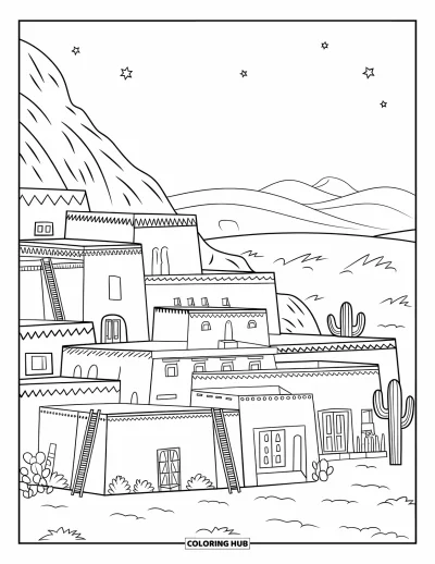 Coloriage de bâtiment pour adultes : Des toits en adobe superposés avec des cactus alentour et des étoiles au-dessus du village désertique tranquille