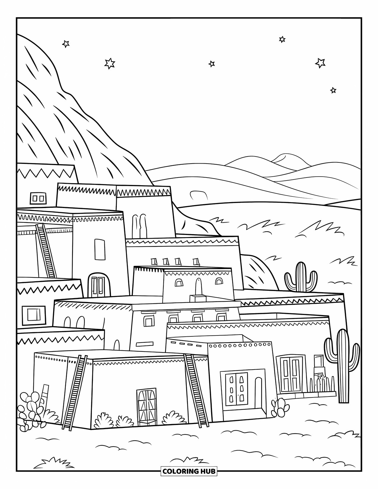 Building Coloring Page for Adults: Layered adobe rooftops with cacti nearby and stars above the quiet desert village