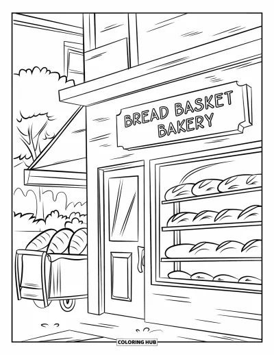 Coloriage de bâtiment pour enfants : Une boulangerie avec une enseigne « Bread Basket Bakery », un chariot à pain en extérieur et des arbres alentour