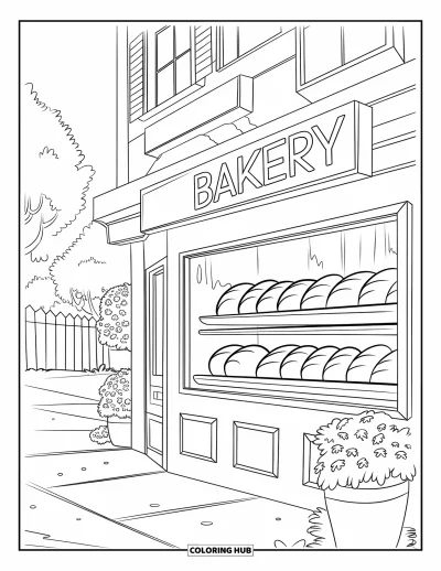 Coloriage de bâtiment pour enfants : Une boulangerie avec du pain exposé, des plantes en pot et des arbres en arrière-plan