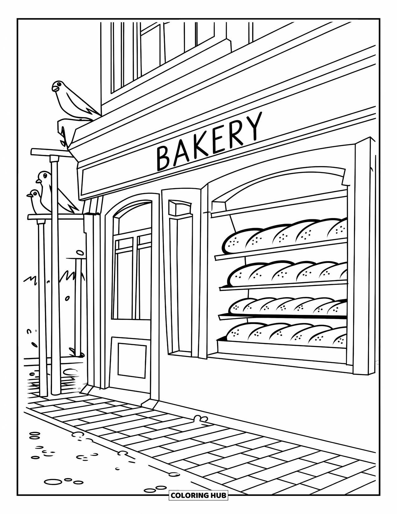 Building Coloring Page for Kids: A bakery with shelves of bread in the window and birds perched nearby