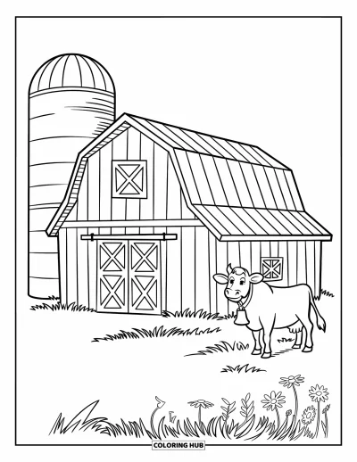 Coloriage de bâtiment pour enfants : Une grange avec un silo, un toit en pente et une vache dans un champ de fleurs sauvages