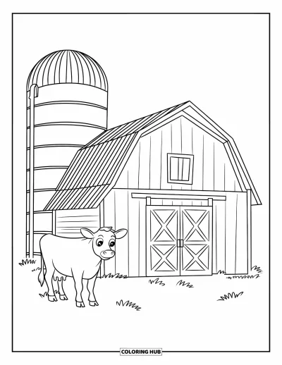 Coloriage de bâtiment pour enfants : Une grange avec un toit en pointe, un grand silo et une vache aux grands yeux à proximité
