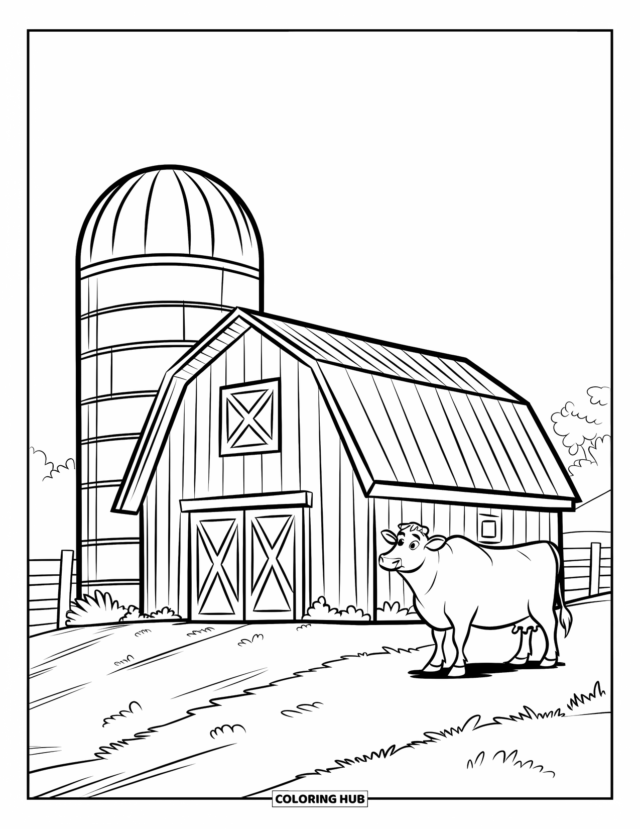 Building Coloring Page for Kids: A barn with windows, a nearby cow, and a hill with trees in the distance