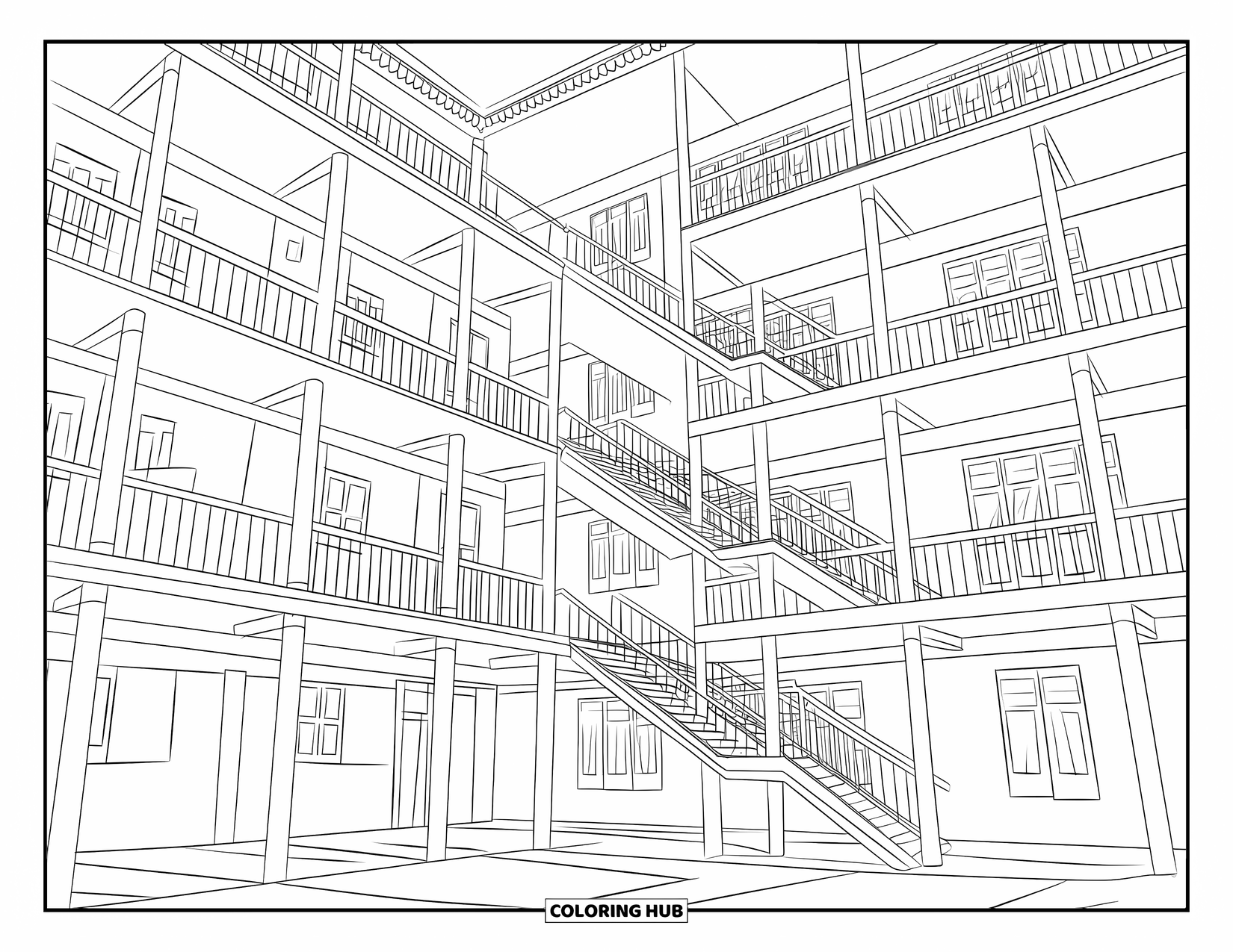 Building Coloring Page for Kids: A brick dorm with balconies, stairwells, and clean architectural lines throughout