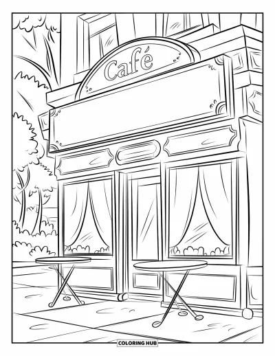 Coloriage de bâtiment pour enfants : Un café avec des rideaux, des arbres alentour et deux tables dressées en extérieur