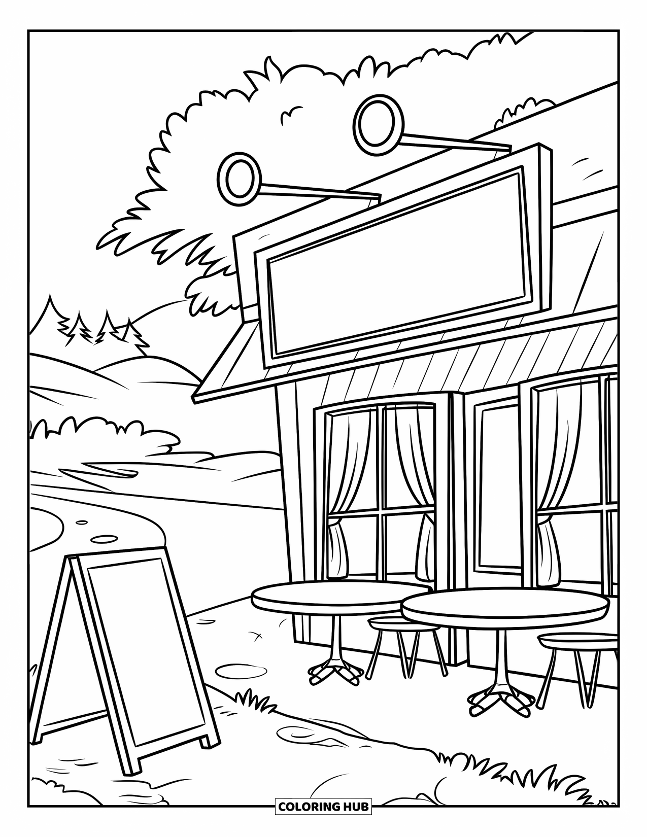 Building Coloring Page for Kids: A cafe with two tables, a curved path, and trees leading to mountains in the distance