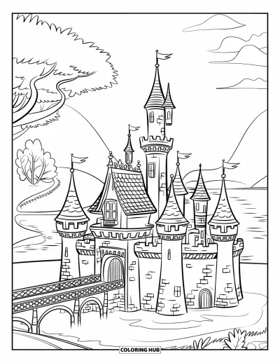 Coloriage de bâtiment pour enfants : Un château avec des murs en pierre, un pont-levis et un paysage paisible d'arbres et d'eau