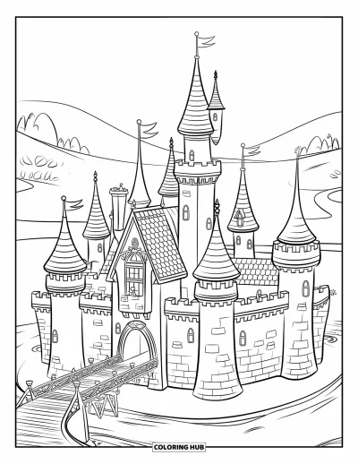 Coloriage de bâtiment pour enfants : Un château avec des tours, des douves et un pont-levis entouré de collines et d'arbres