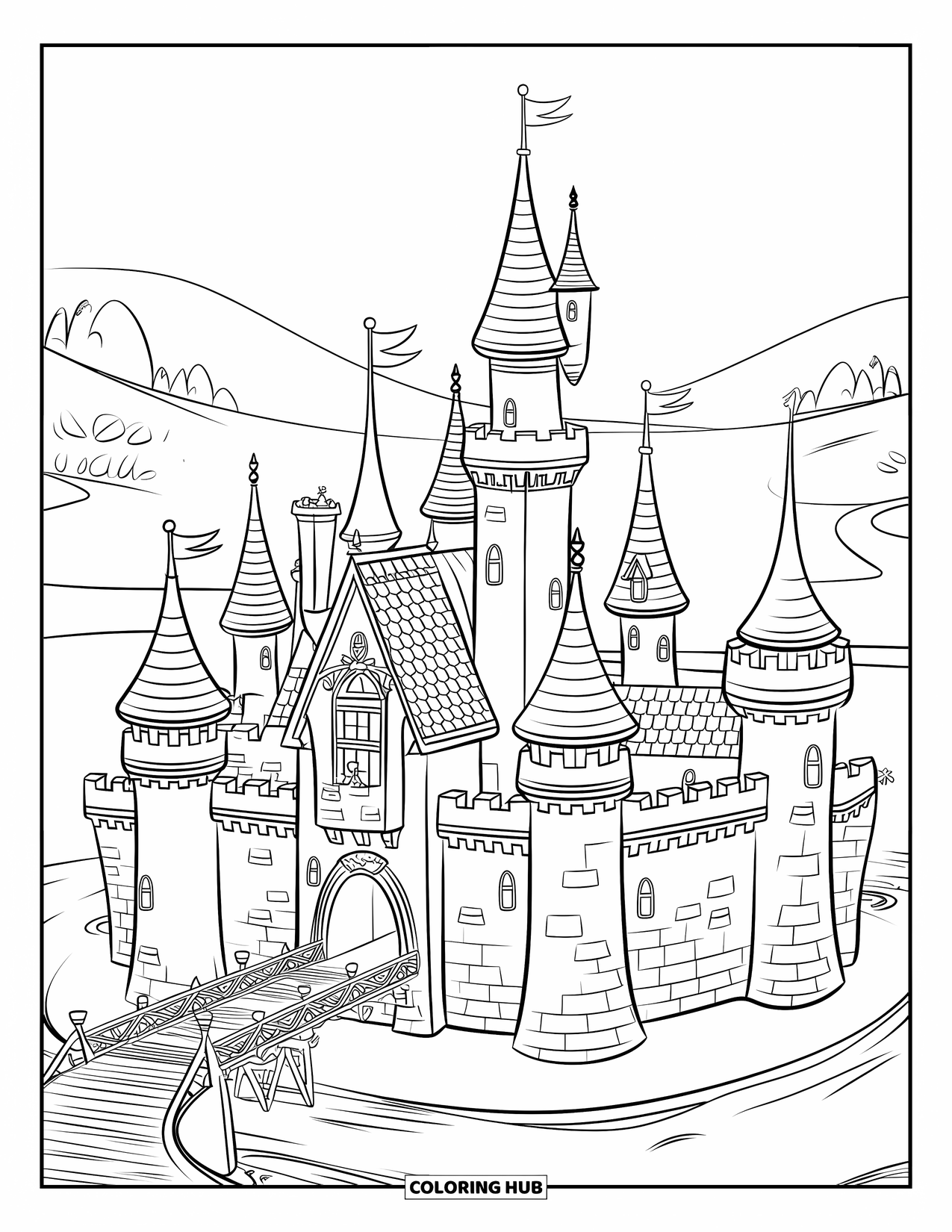Building Coloring Page for Kids: A castle with towers, moat, and drawbridge surrounded by hills and trees