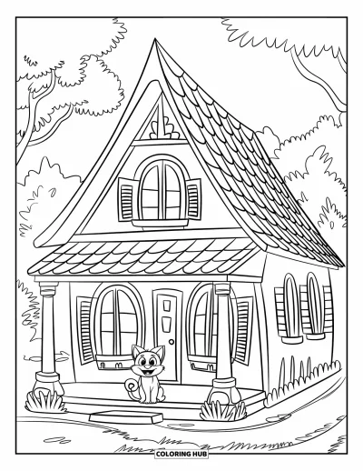 Coloriage de bâtiment pour enfants : Un chat assis joyeusement près d'une maison au toit élancé avec des arbres dans un paysage paisible