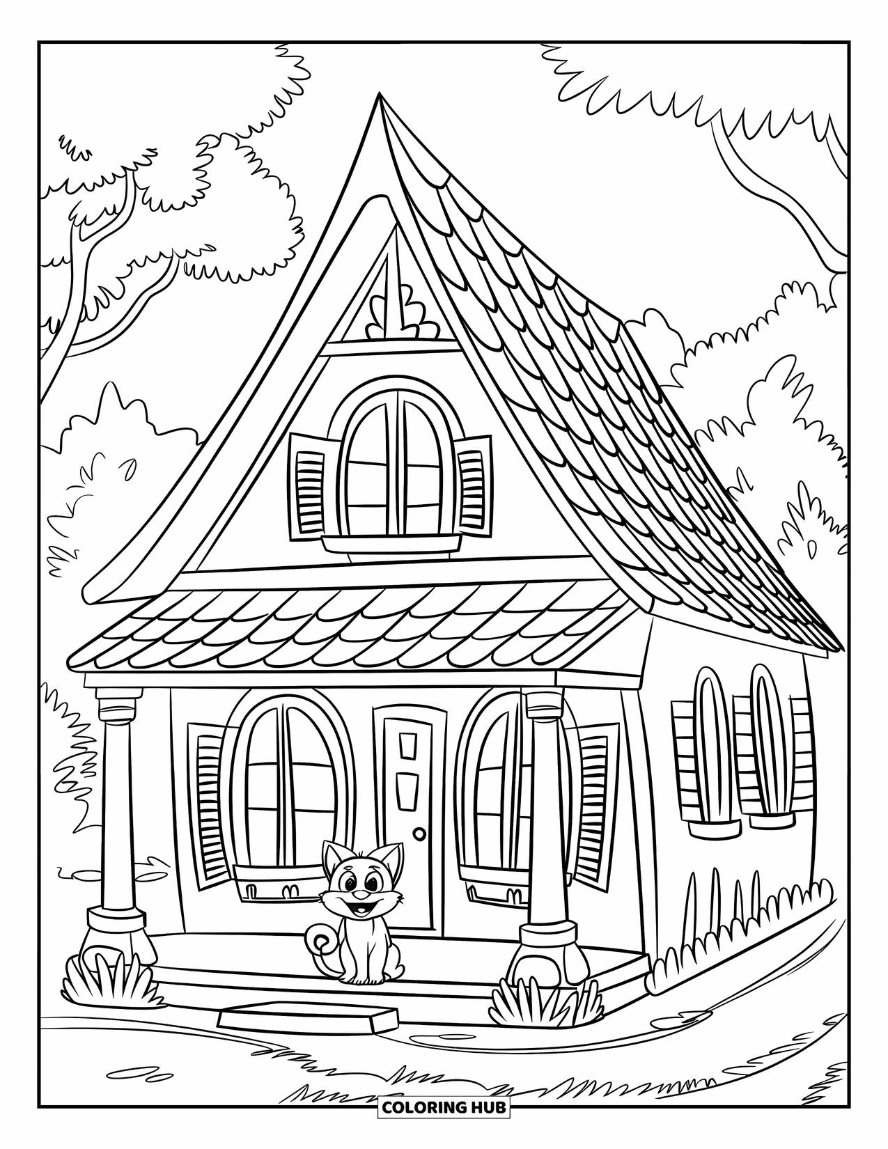 Building Coloring Page for Kids: A cat sits happily by a tall-roofed house with trees in a peaceful landscape