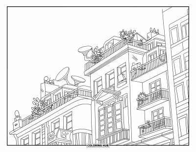 Coloriage de bâtiment pour enfants : Un immeuble de ville avec des balcons, des antennes paraboliques et des plantes sur le toit sous un ciel dégagé