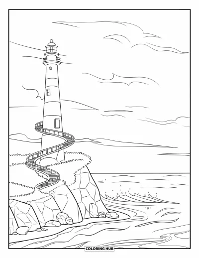 Coloriage de bâtiment pour enfants : Un phare au sommet d'une falaise avec un escalier en spirale, des vagues en bas et des nuages au-dessus