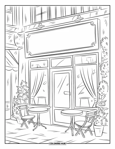 Coloriage de bâtiment pour enfants : Un café accueillant avec des tables en terrasse, une ardoise vierge et des plantes près de l'entrée