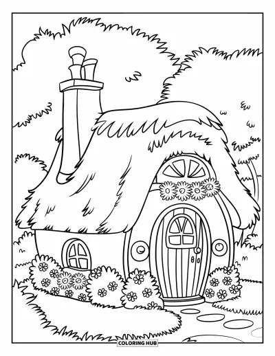 Coloriage de bâtiment pour enfants : Un cottage douillet avec un jardin, une cheminée et des fleurs encadrant la porte