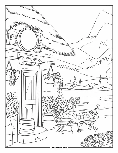 Coloriage de bâtiment pour enfants : Un restaurant douillet avec un toit de chaume, une table à carreaux et des fleurs au bord d'un lac