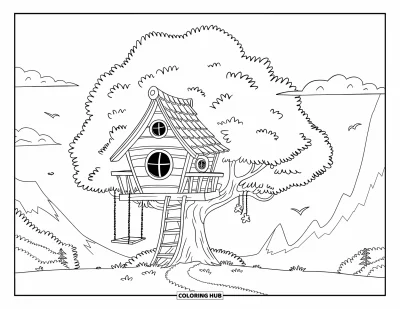 Coloriage de bâtiment pour enfants : Une cabane dans les arbres avec une balançoire, un chemin et des montagnes en arrière-plan