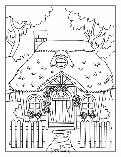 Coloriage de bâtiment pour enfants : Un charmant cottage avec une cheminée, des fleurs près de la porte et une clôture à piquets