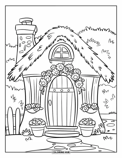 Coloriage de bâtiment pour enfants : Un charmant cottage avec une porte en bois, des fleurs en pot et une cheminée dans un champ verdoyant