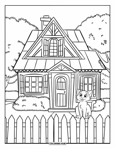 Coloriage de bâtiment pour enfants : Une maison mignonne avec de grandes fenêtres, un chat heureux et une clôture à piquets tout autour
