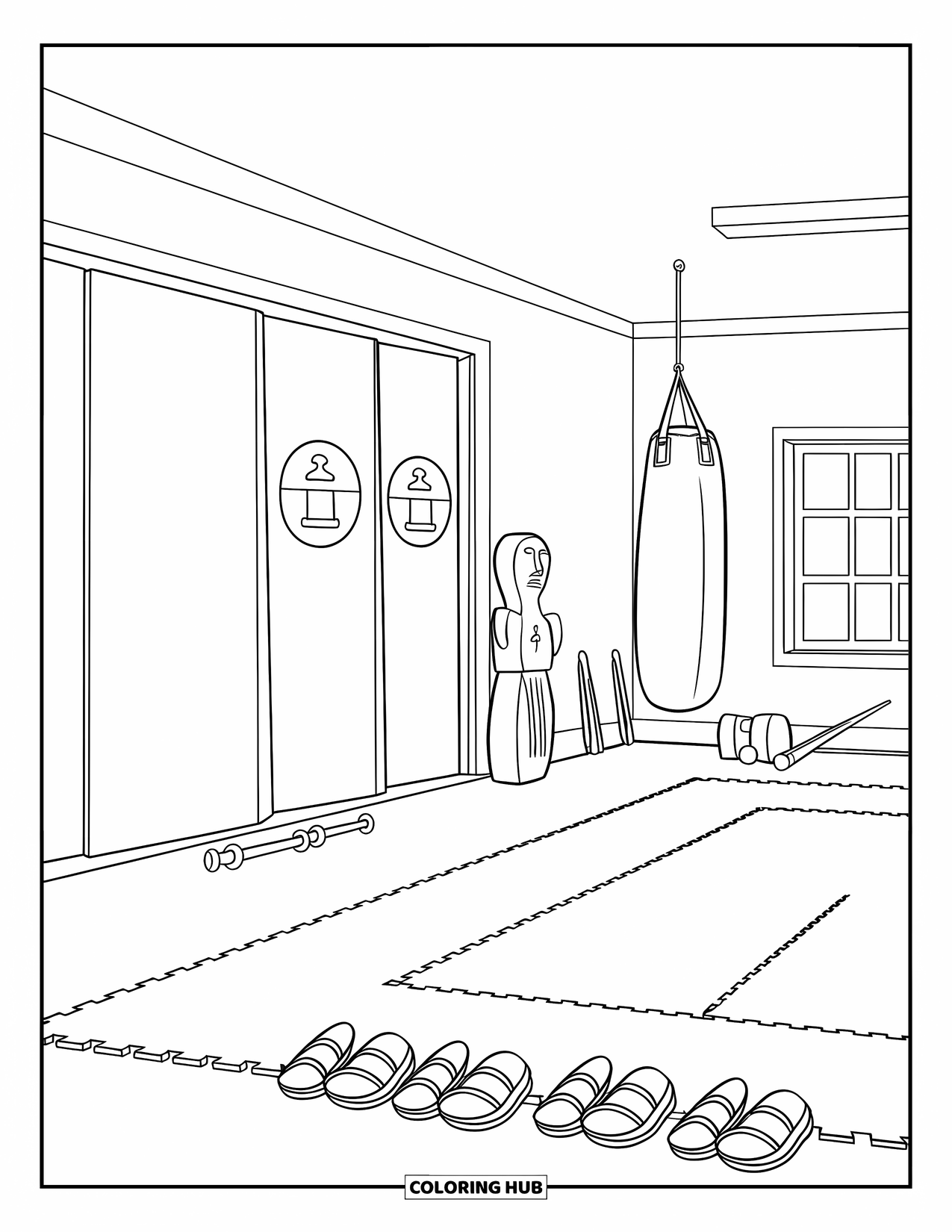 Building Coloring Page for Kids: A dojo room with a wooden dummy, punching bag, and lined-up sandals on the floor