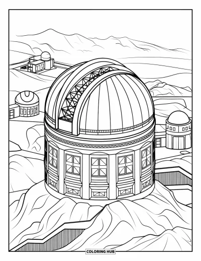 Coloriage de bâtiment pour enfants : Un observatoire à toit dôme avec une plateforme de télescope et diverses structures au loin